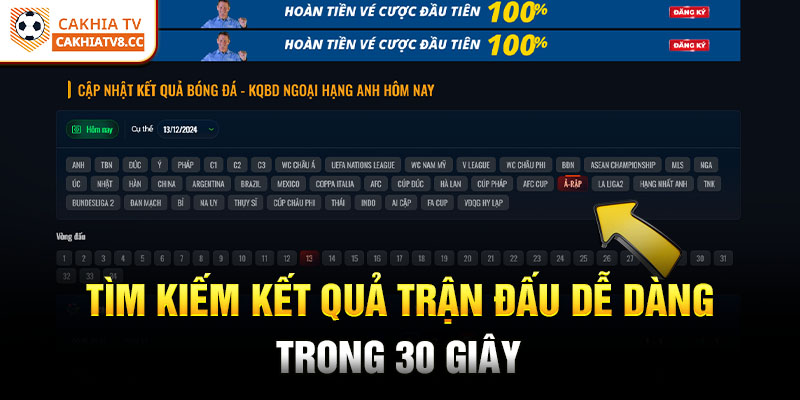 Tìm kiếm kết quả trận đấu dễ dàng trong 30 giây